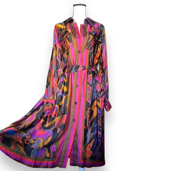 Farm Rio Wild Horses Long Silky Shirt Dress Sz S Multi Belted Long Sleeve NWOT - Picture 9 of 16